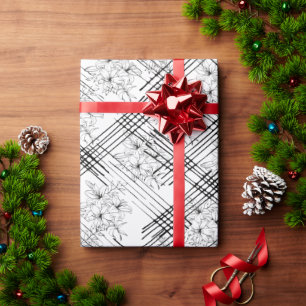 Papel De Presente Padrão Geométrico Floral Preto e Branco Moderno