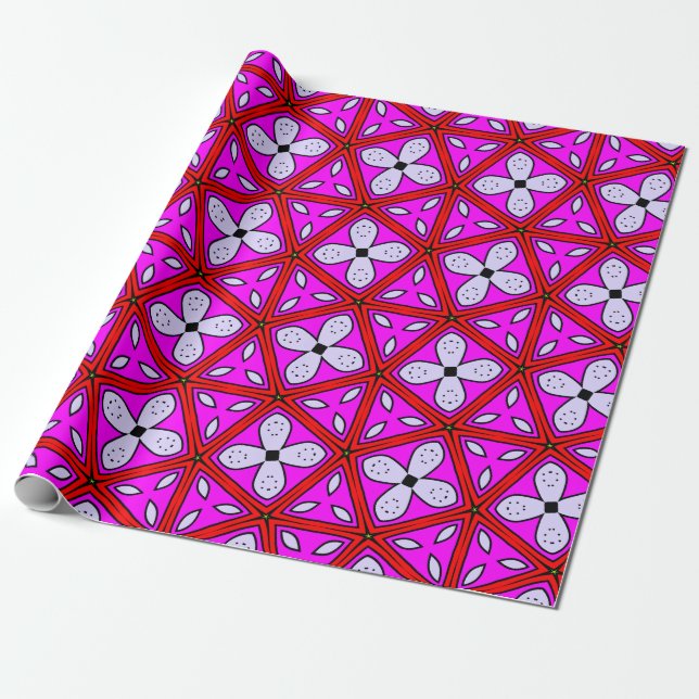 Papel De Presente Padrão Geométrico Floral Rosa, Vermelho, Preto e B (Desenrolado)
