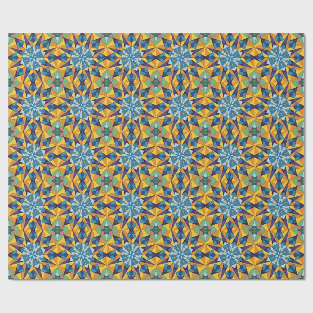 Papel De Presente Padrão geométrico fractal azul e amarelo (Aberto)
