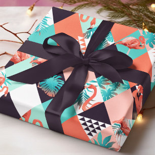 Papel De Presente Padrão Geométrico Girly Chic do Flamingo Cor-de-