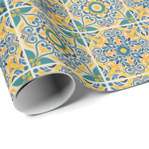 Papel De Presente Padrão geométrico intrincado com azul, amarelo