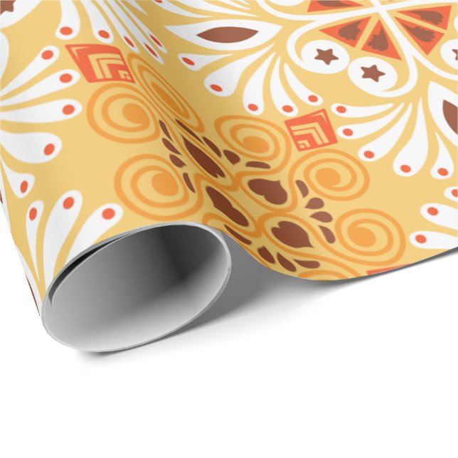 Papel De Presente Padrão geométrico laranja e marrom intrincado (Ponta do rolo)
