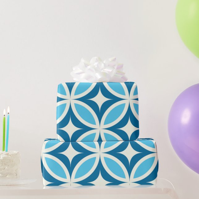 Papel De Presente Padrão Geométrico Moderno de Meados do Século Azul (Presentes para festas)