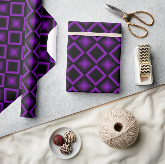 Papel De Presente Padrão Geométrico Moderno Roxo e Preto de Aniversá (Artesanato)