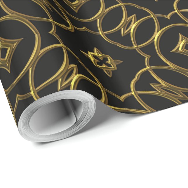 Papel De Presente Padrão Geométrico Negro e Dourado brilhante Elegan (Ponta do rolo)