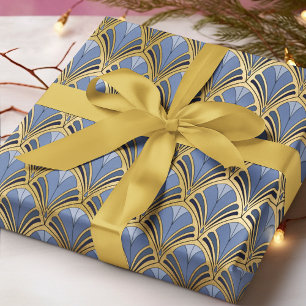 Papel De Presente Padrão Geométrico Vintage Azul Dourado Art Déco