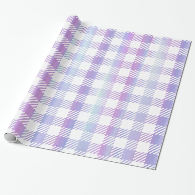 Papel De Presente Padrão Gingham Azul Roxo-Cugado Iridescente (Desenrolado)