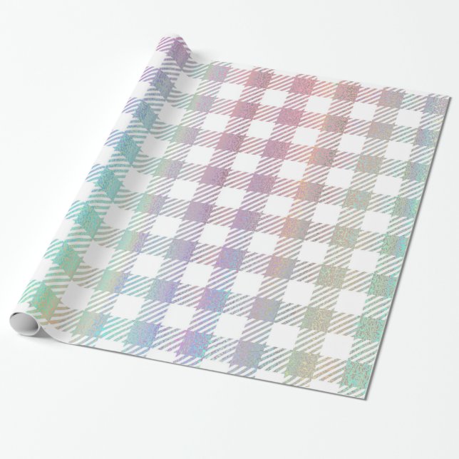 Papel De Presente Padrão Gingham, Iridescente, Cute Rainbow (Desenrolado)