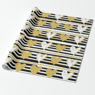 Papel De Presente Padrão Glam Black Stripe Gold Heart (1)