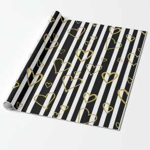 Papel De Presente Padrão Glam Preto com Listra Dourada Coração (6)
