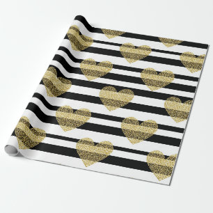 Papel De Presente Padrão Glam Preto com Listras e Coração Dourado (5