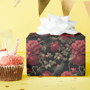 Papel De Presente Padrão Gótico com Rosas vermelhas e Corvos