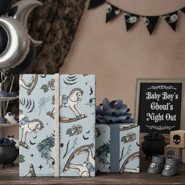 Papel De Presente Padrão Gótico Floral Francês Azul-Rochando Cavalo (Gothic Halloween Boy Baby Shower Wrapping Paper. Blue Spooky Vintage Rocking Horse & Roses Pattern)