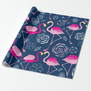 Papel De Presente Padrão gráfico de flamingos cor-de-rosa em azul
