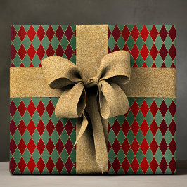 Papel De Presente Padrão Harlequim Luxuoso Vermelho Verde Elegante