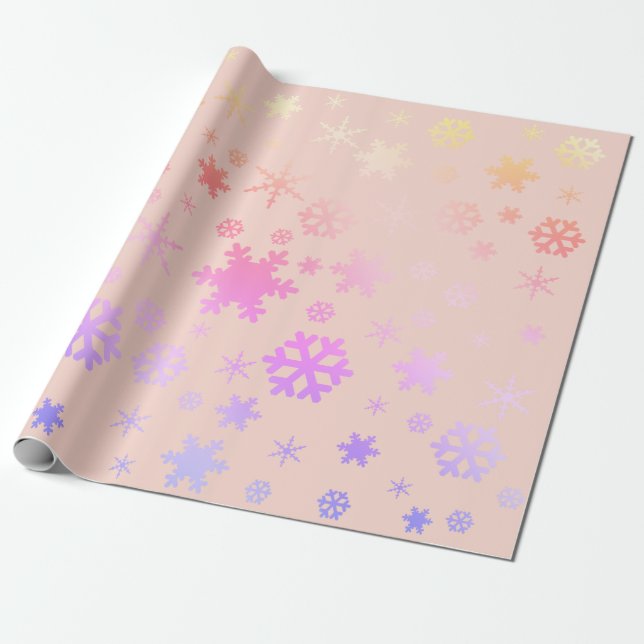 Papel De Presente Padrão Holográfico Rosa de Floco de Neve (Desenrolado)