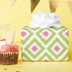 Papel De Presente Padrão Ikat de Ouros Verdes Rosa
