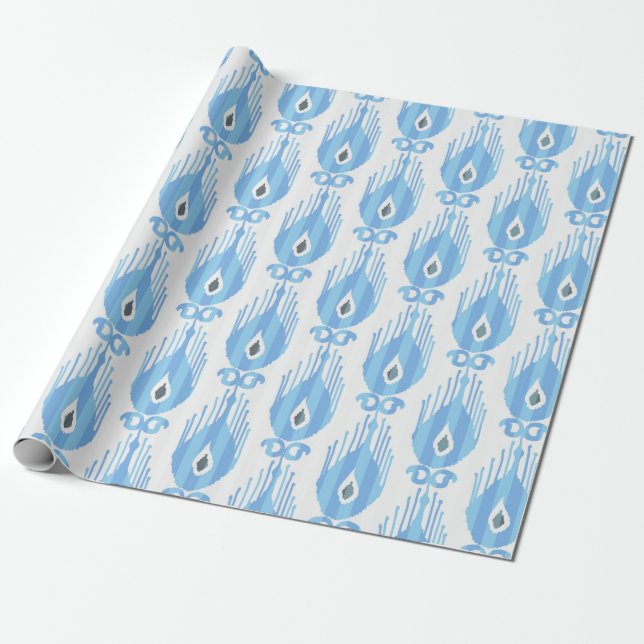 Papel De Presente Padrão Ikat em azul e branco (Desenrolado)