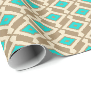 Papel De Presente Padrão Ikat - Turquesa, Taupe e Beige