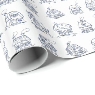 Papel De Presente Padrão Ilustrado das Casas Azul e Branca