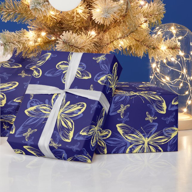 Papel De Presente Padrão Ilustrado de Borboleta Azul e Amarelo (Feriados)