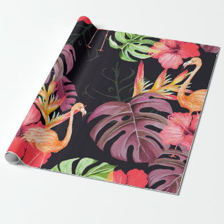Papel De Presente Padrão incolor de flor de hibisco, flamingos e