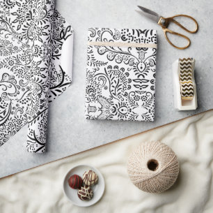 Papel De Presente Padrão indiano Mehndi Paisley preto e branco