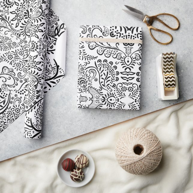 Papel De Presente Padrão indiano Mehndi Paisley preto e branco (Artesanato)