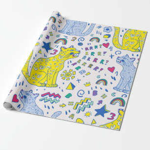 Papel De Presente padrão infantil com tigre, letras, arco-íris,