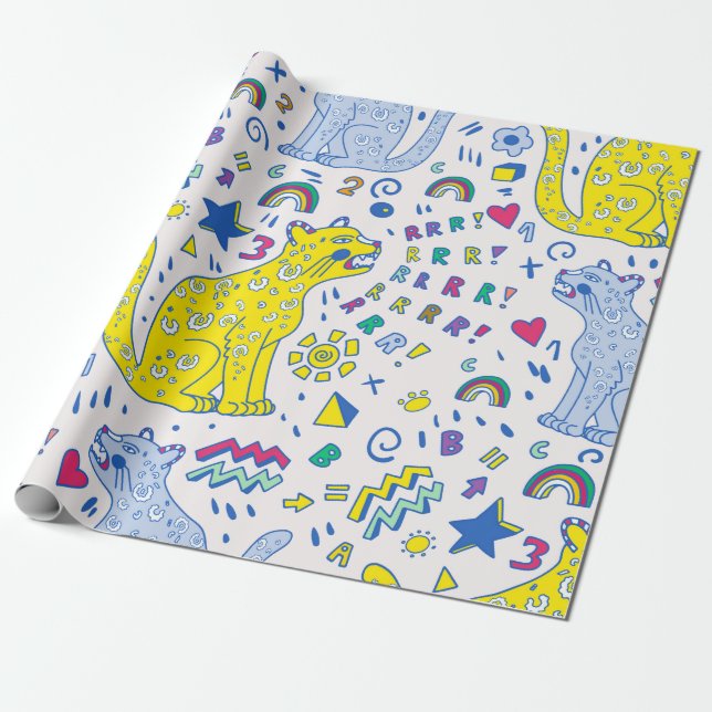 Papel De Presente padrão infantil com tigre, letras, arco-íris,  (Desenrolado)