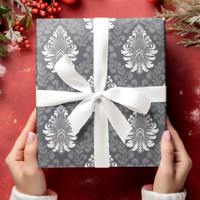 Papel De Presente Padrão inferior da Cinza Sliver Floral Damasco Saq (Criador carregado)