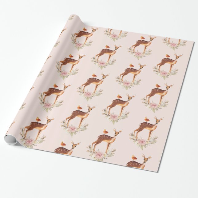 Papel De Presente Padrão Innocent Brown Deer e Bird Friend (Desenrolado)