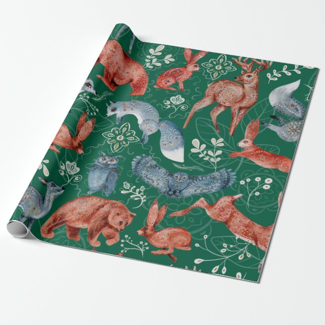 Papel De Presente Padrão intrincado de animais da floresta (Desenrolado)