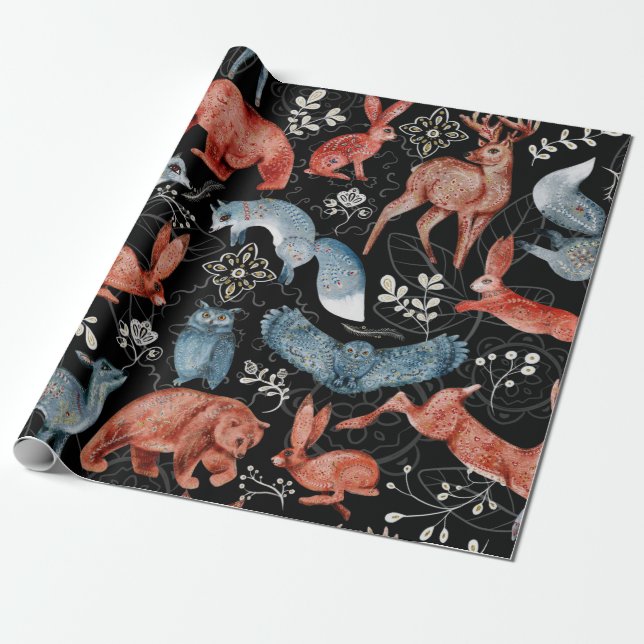 Papel De Presente Padrão intrincado de animais da floresta (Desenrolado)