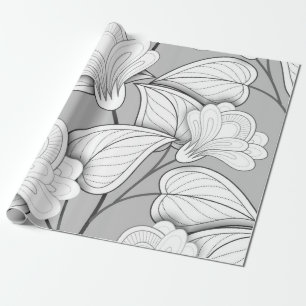 Papel De Presente Padrão Invisível Monocromático Floral. Folha de de