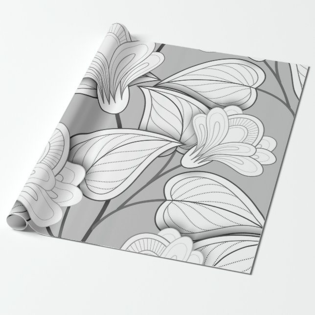 Papel De Presente Padrão Invisível Monocromático Floral. Folha de de (Desenrolado)