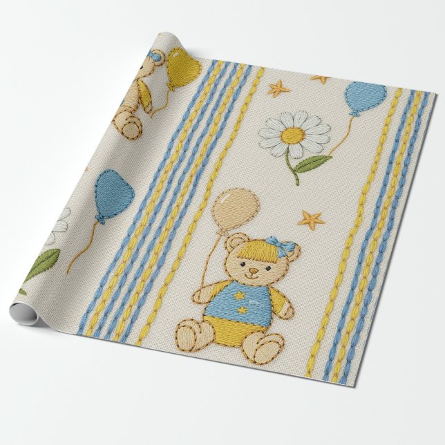 Papel De Presente Padrão Jardim de Margaridas do Ursinho (10) (Desenrolado)
