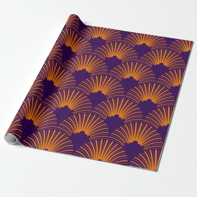Papel De Presente Padrão laranja art-deco sobre fundo roxo profundo (Desenrolado)