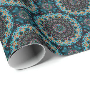 Papel De Presente Padrão Laranja Azul-Teal Preto Mandala Boho