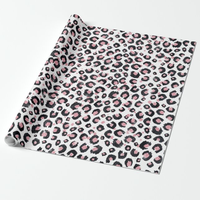 Papel De Presente Padrão-Leopardo Negro-Dourado Elegante Rosa (Desenrolado)
