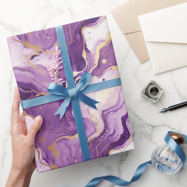 Papel De Presente Padrão líquido do estilo púrpura e mármore dourado (Presentear)