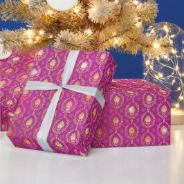 Papel De Presente Padrão Luxuoso Ornamental Rosa e Dourado com Brilh