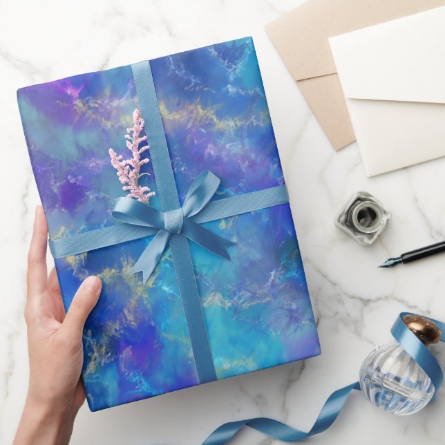 Papel De Presente Padrão Marble Azul, Roxo e Dourado Elegante (Presentear)