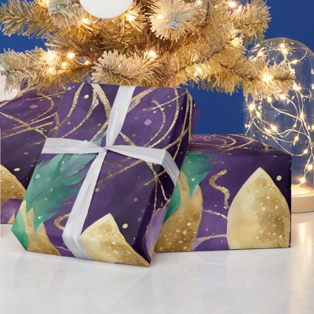 Papel De Presente Padrão Mardi Gras em Roxo, Verde e Dourado (Feriados)