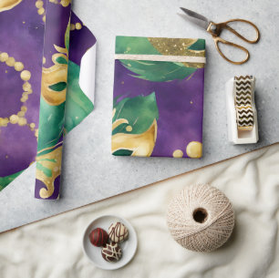 Papel De Presente Padrão Mardi Gras Roxo, Verde e Dourado