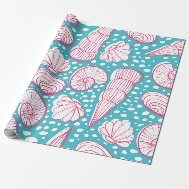 Papel De Presente Padrão marinho sem costura com conchas diferentes. (Desenrolado)