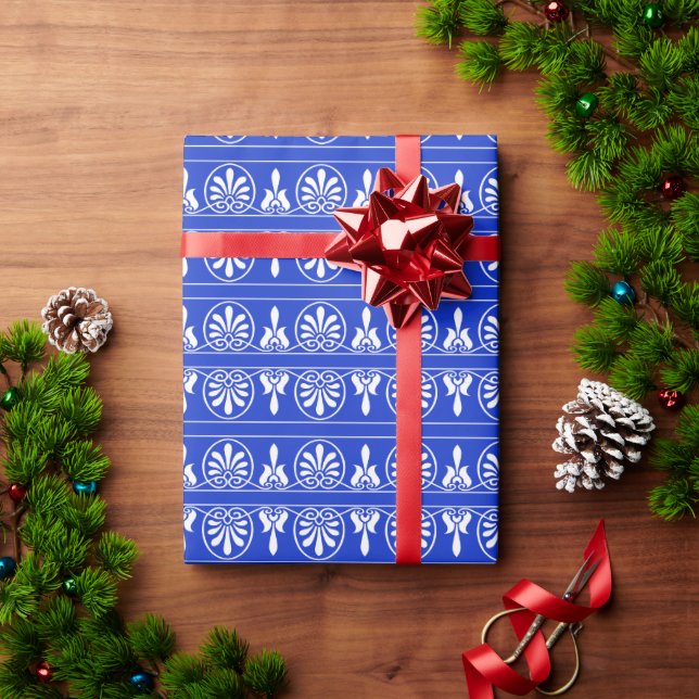 Papel De Presente Padrão Mediterrâneo Arabesco Grego Azul (Presente de Natal)