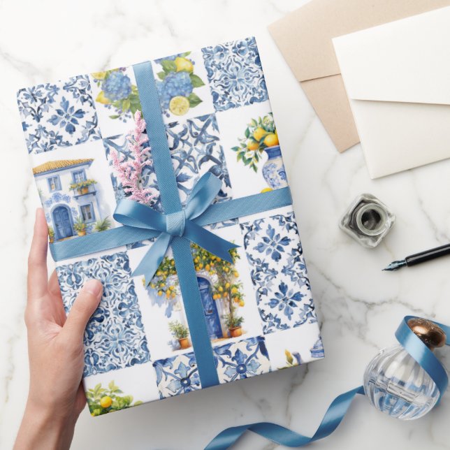 Papel De Presente Padrão mediterrânico de limão de Verão (Presentear)