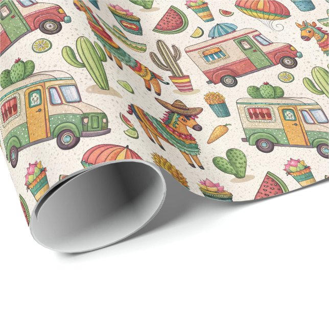 Papel De Presente Padrão Mexicano Fiesta Camper Van & Piñata (Ponta do rolo)
