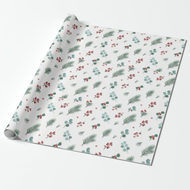 Papel De Presente Padrão Mínimo de Natal, Pinheiro & Frutas (Desenrolado)